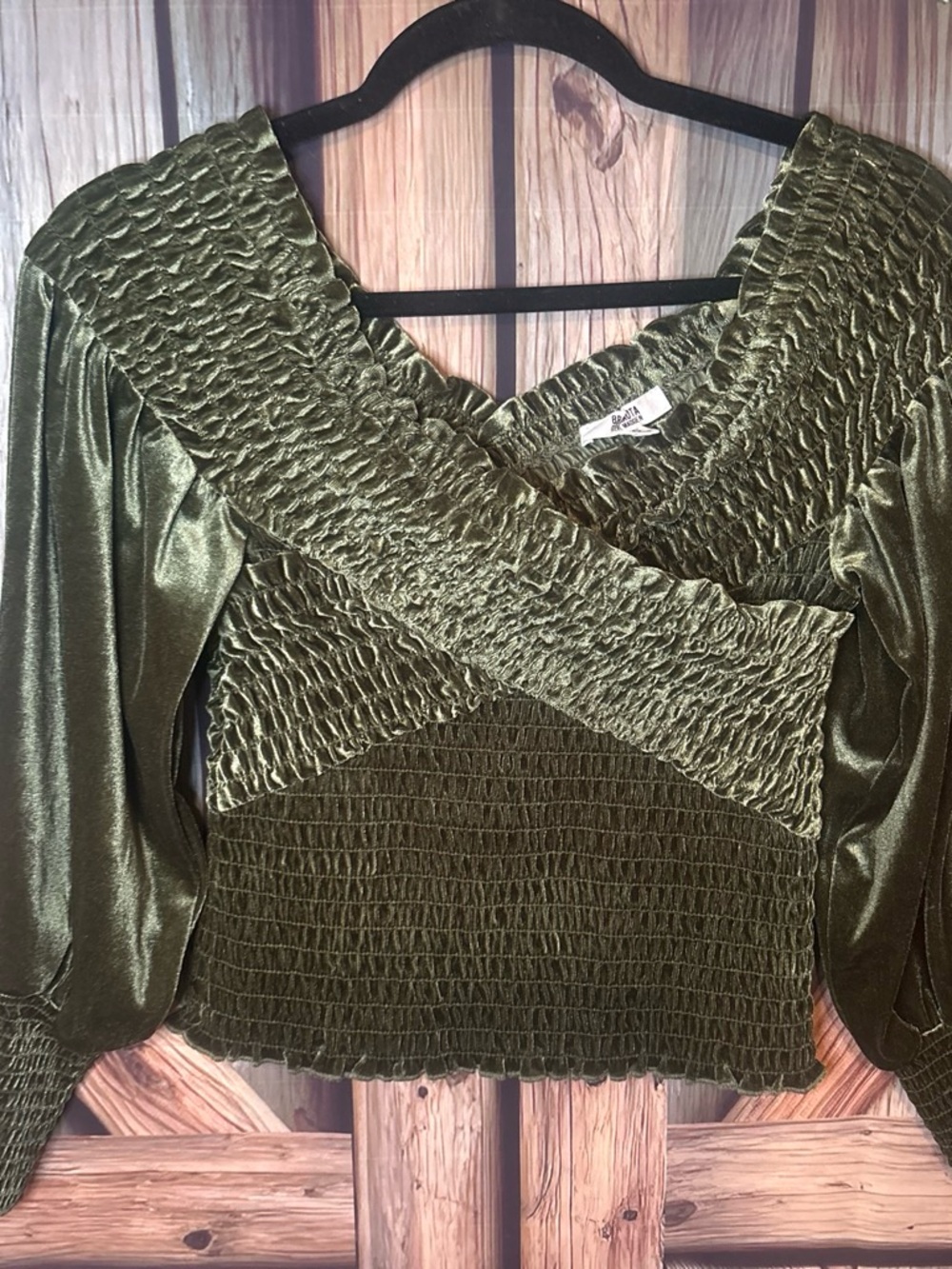 BB Dakota by Steve Madden Olive Smocked Satin Wrap Crop Top
